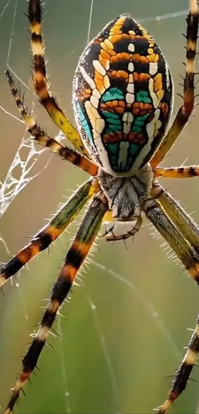 Vibrant spider on its intricate web.