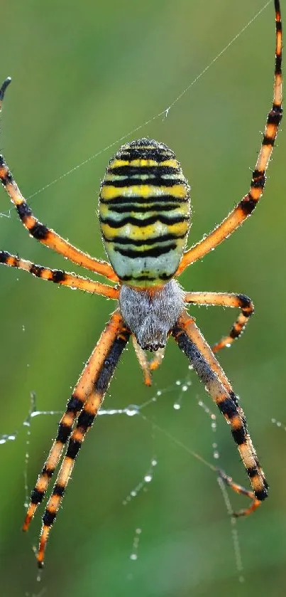 Colorful spider on web with vibrant stripes on a green background.