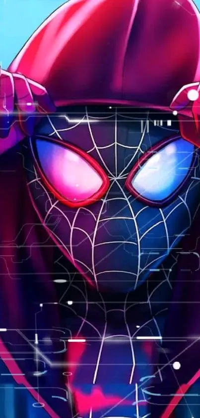 Dynamic spider-style character in a hoodie with vibrant red and blue hues.