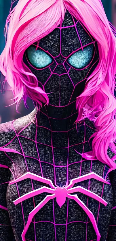 Black and pink superhero with neon hues.