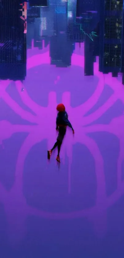 Silhouette with spider symbol on pink urban wallpaper.