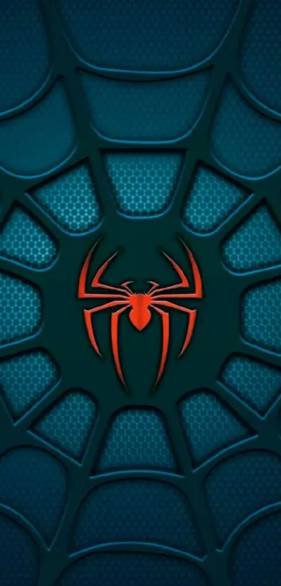 Spider emblem on teal web-patterned background for mobile wallpaper.