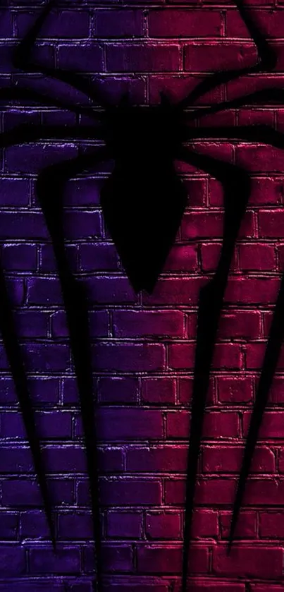 Purple and red brick wall with black spider design for mobile wallpaper.