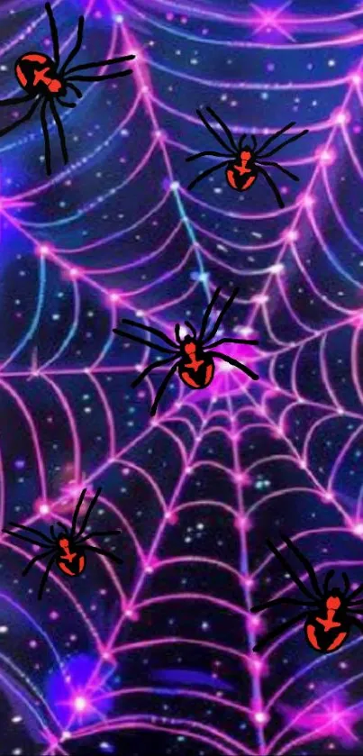 Vibrant spider web on a cosmic purple background.