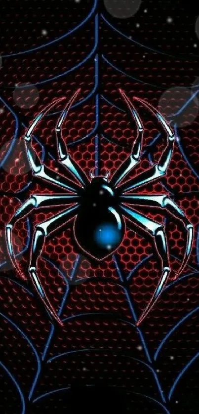 Dynamic red and blue spider web design on a mobile wallpaper.