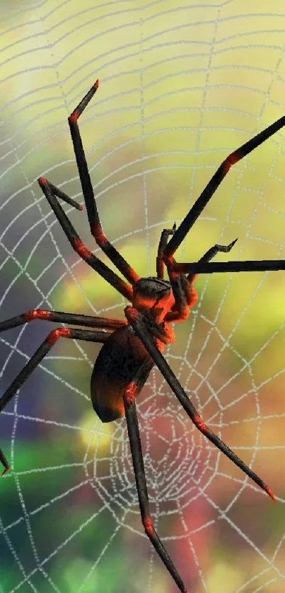 A vibrant spider on its web with colorful background design.