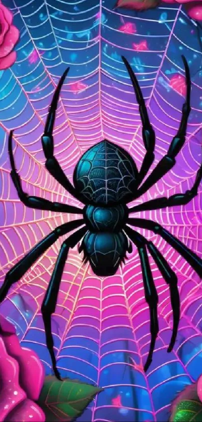 Blue spider on pink web with roses wallpaper.