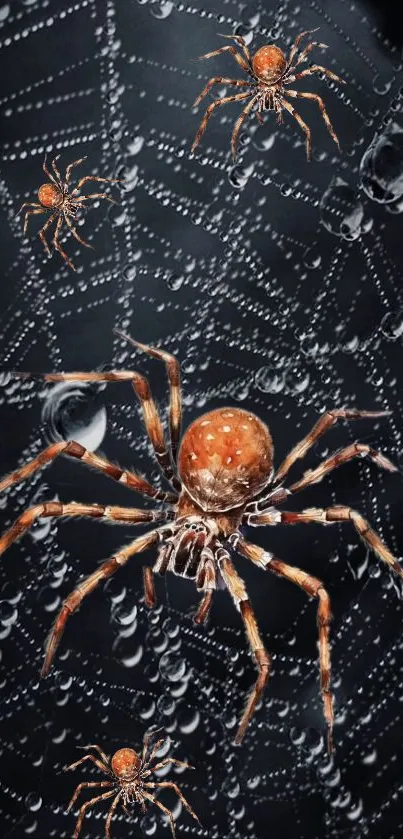 Close-up of spiders on a detailed web with water droplets.