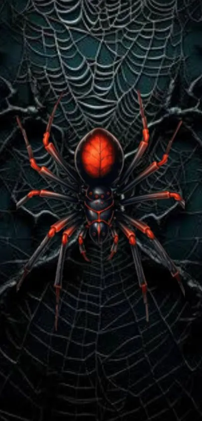 Vibrant spider on dark intricate web wallpaper.