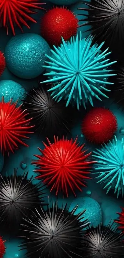 Colorful spikey spheres with vibrant design in turquoise, red, and black.