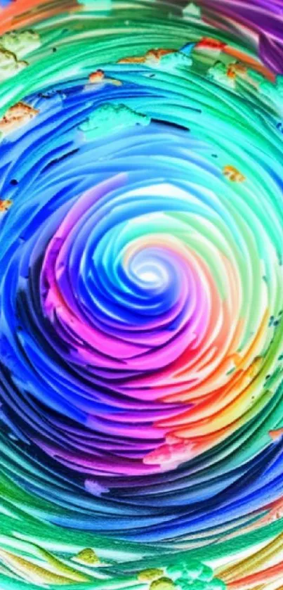 Colorful swirl pattern wallpaper with vibrant blue and rainbow hues.