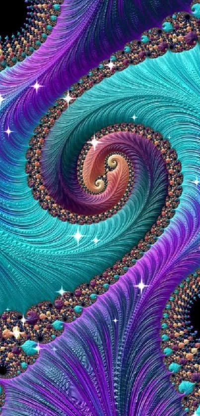 Vibrant turquoise and purple spiral fractal wallpaper design.