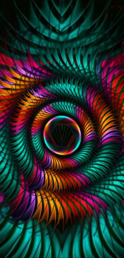 Vibrant abstract spiral design with teal, orange, and magenta colors.