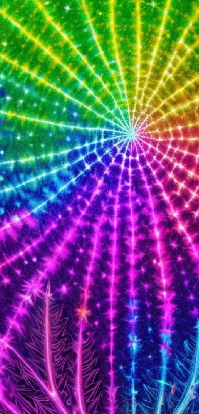 Vibrant rainbow spiral abstract wallpaper with sparkling lights and dynamic colors.