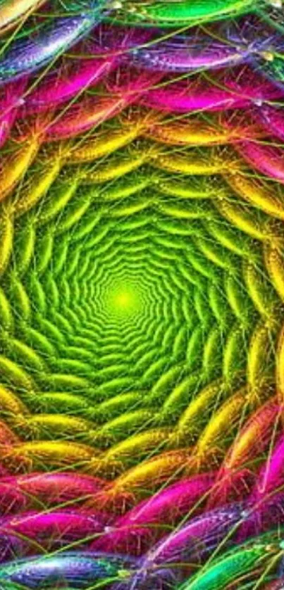 Vibrant spiral art wallpaper with green center and colorful design.