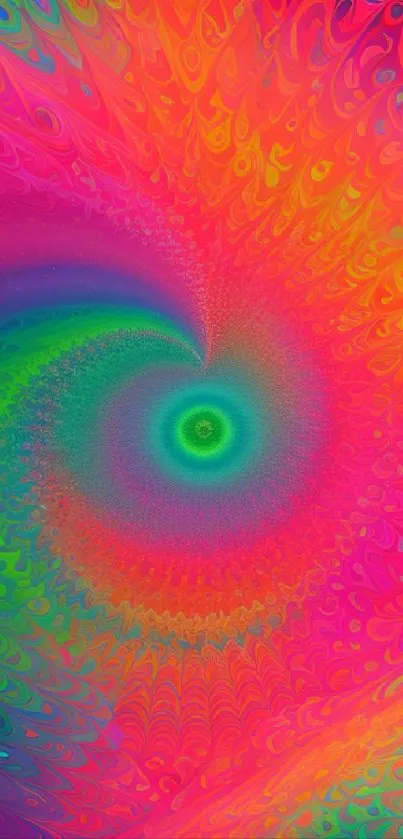 Colorful spiral art wallpaper with vibrant pink, orange, and green swirls.