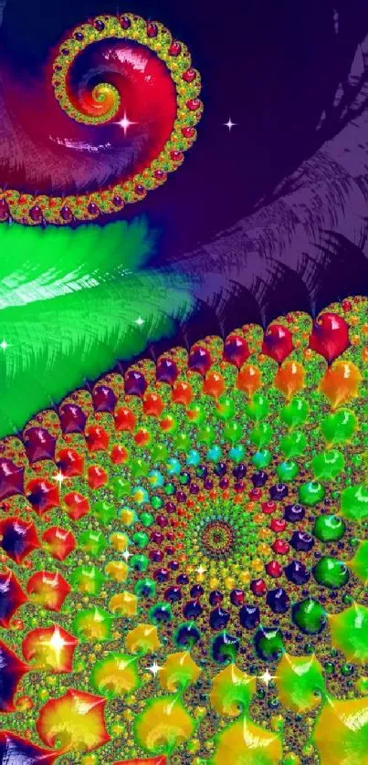 Colorful fractal spiral wallpaper with neon green hues.