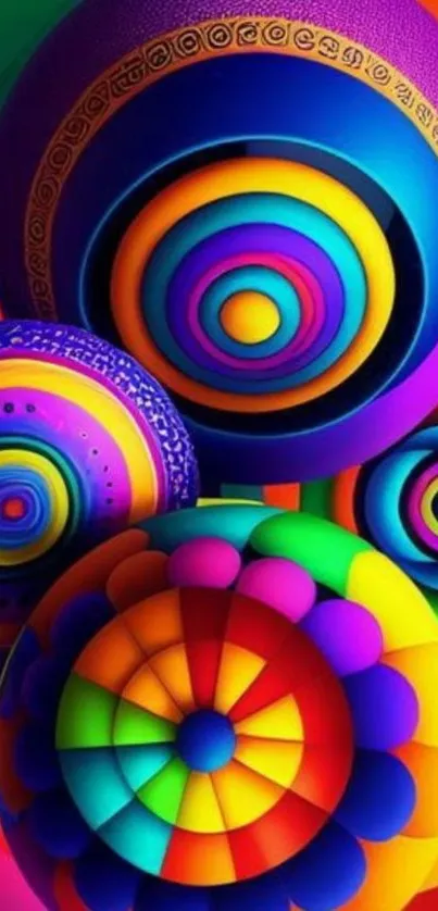 Vibrant and colorful spiral art design wallpaper with geometric patterns.