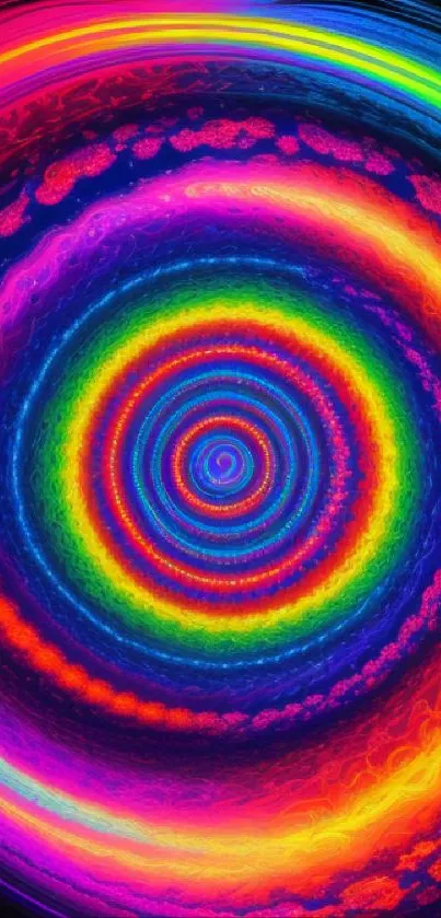 Vibrant rainbow spiral pattern on a colorful abstract wallpaper.