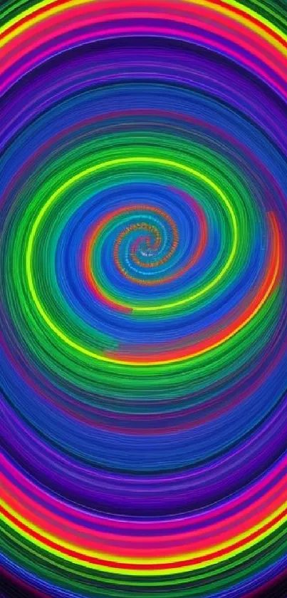 Vibrant neon spiral abstract wallpaper with colorful patterns.