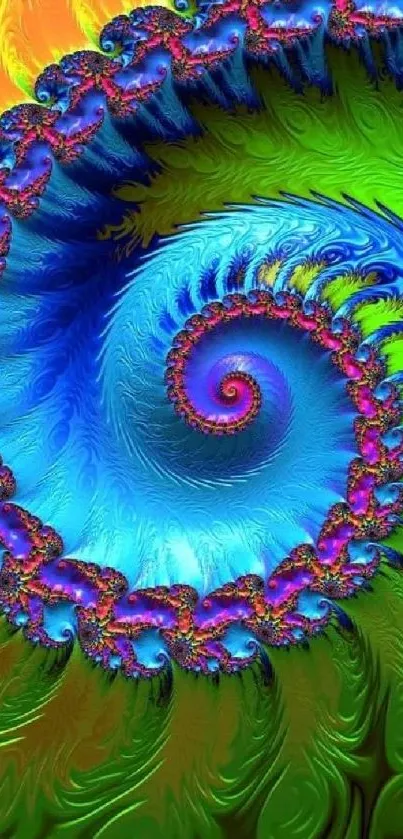 Vibrant fractal spiral art wallpaper with blue and green hues.