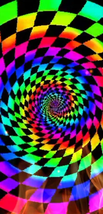 Vibrant spiral checkered pattern with rainbow colors.