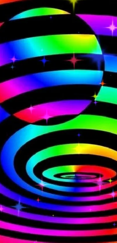 Colorful rainbow spiral wallpaper with abstract circles on black background.