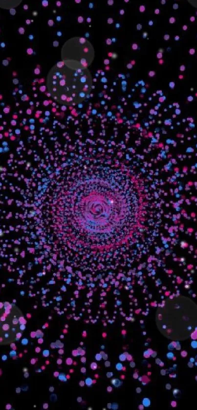 Vibrant spiral of pink and blue dots on black background wallpaper