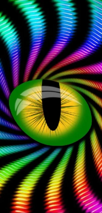 Colorful spiral design with a central green eye.