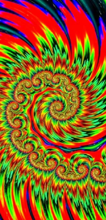 Vibrant swirling fractal wallpaper with red and green patterns.