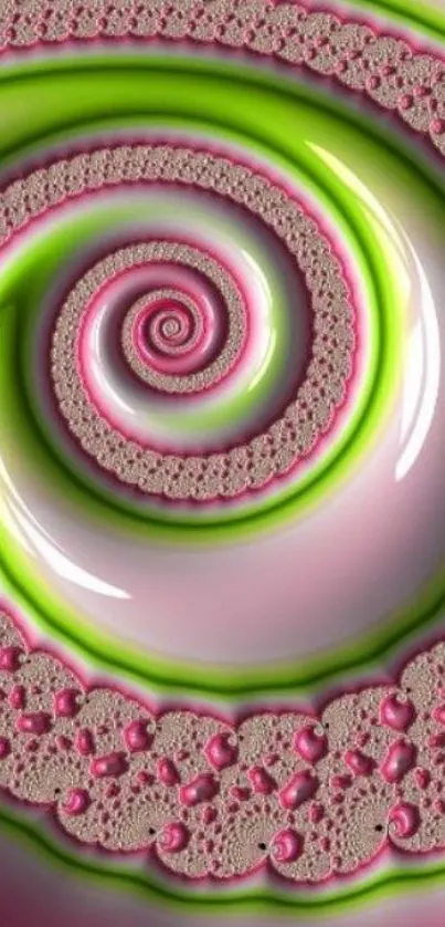 Intricate spiral fractal art wallpaper in vibrant pink and green colors.