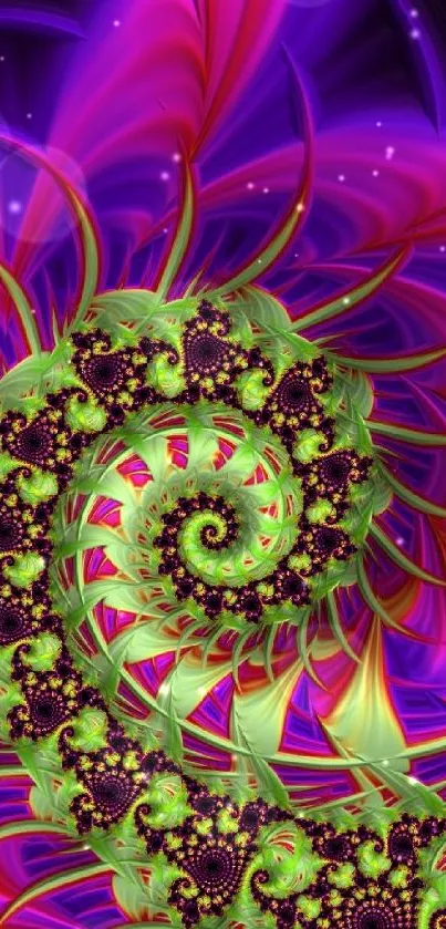 Vibrant fractal spiral wallpaper with green, pink, and purple hues.