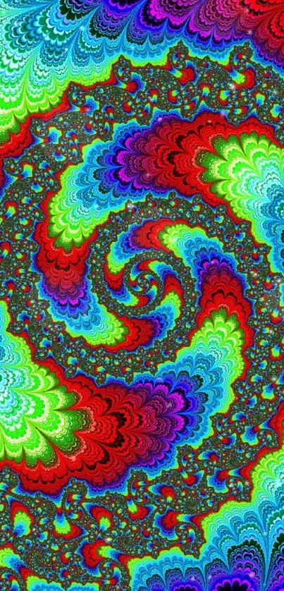 Colorful spiral fractal wallpaper with vibrant red and green pattern.