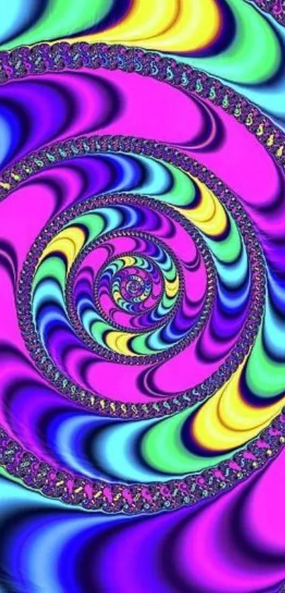 Vibrant purple spiral fractal art wallpaper with colorful patterns.