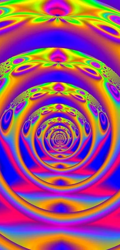 Vibrant spiral fractal pattern with psychedelic colors on mobile wallpaper.