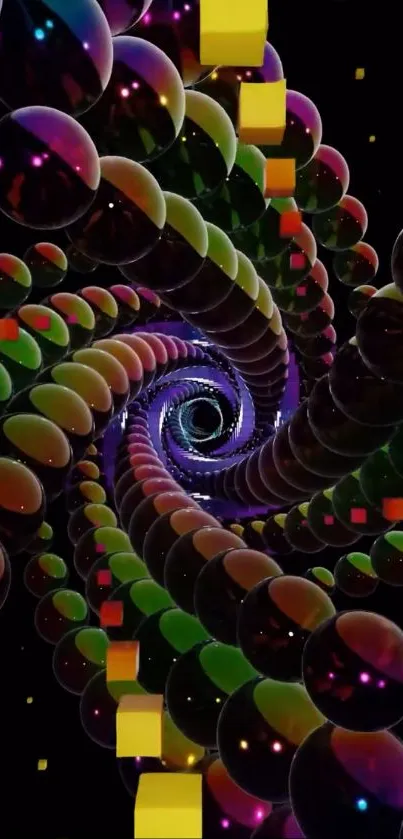 Colorful spiral illusion wallpaper with orbs and cubes, creating a 3D effect.