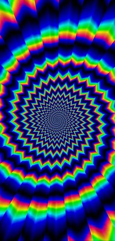 Vibrant blue spiral optical illusion with rainbow hues.