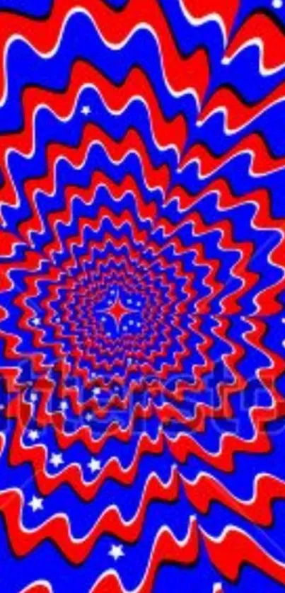 Red and blue spiral optical illusion with star patterns.