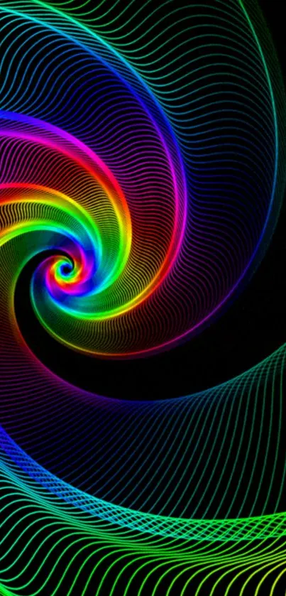 Dynamic spiral rainbow optical art wallpaper with vibrant hues.