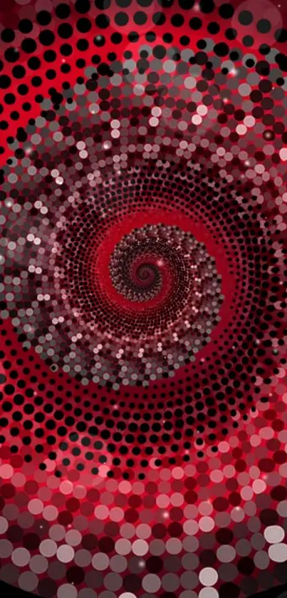 Dynamic red spiral wallpaper with dotted patterns for mobile screens.