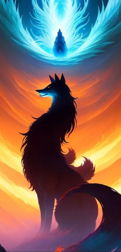 Vibrant wolf silhouette with fiery and blue background on mobile wallpaper.