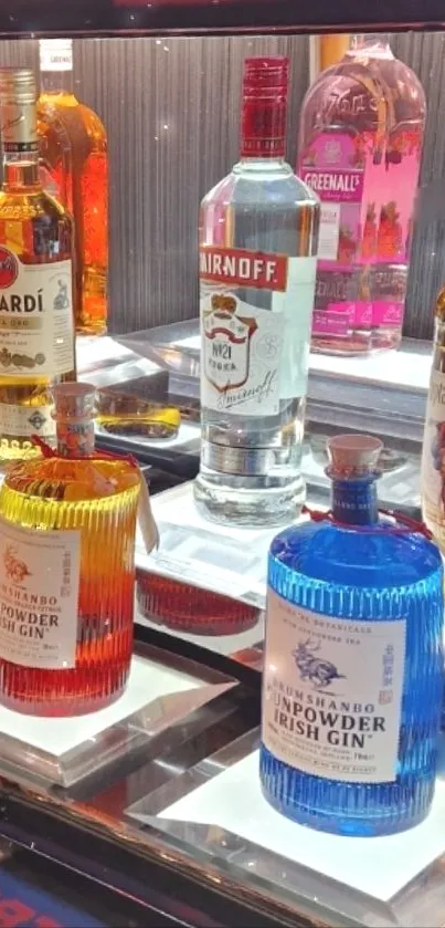 Colorful liquor bottles on display shelf.