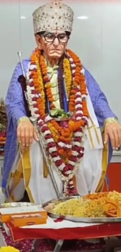 Spiritual altar with colorful garlands and offerings on a vibrant phone wallpaper.