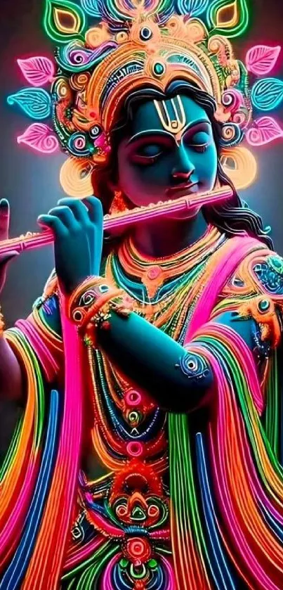 Neon deity playing a flute with vibrant colors.