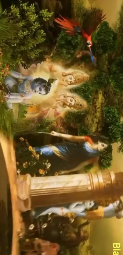 Vibrant spiritual scene with divine figures and nature.