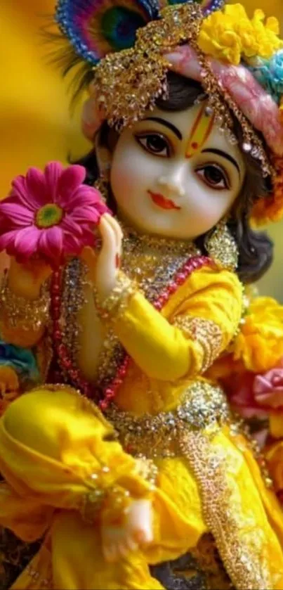 Colorful deity statue with flowers in yellow and pink hues