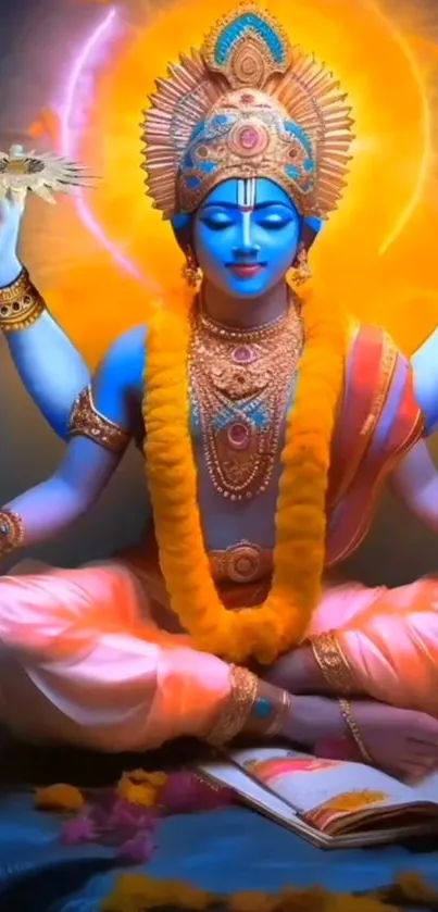 Vibrant spiritual deity with blue skin and radiant background.