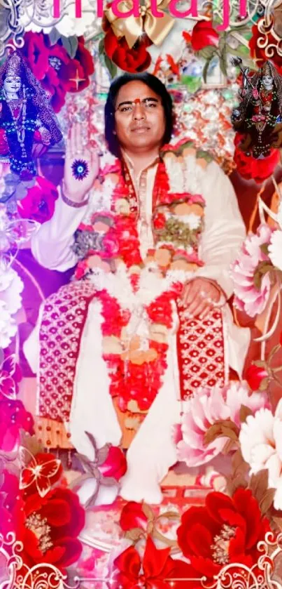 Spiritual figure amidst vivid red and pink flowers on mobile wallpaper.