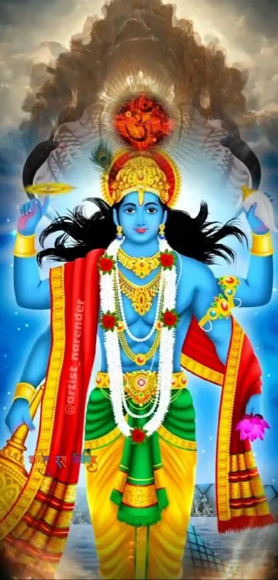 Vibrant blue-skinned God with colorful attire and divine details.