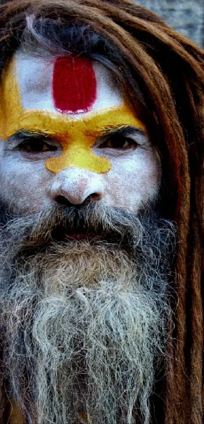 A holy man's painted face with vibrant colors and dreadlocked hair.